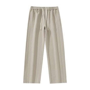 男士杏色加绒卫裤男冬季直筒宽松男裤美式运动裤长裤子加厚休闲裤