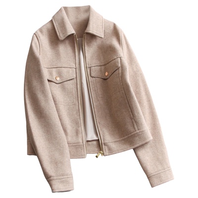 纯色口袋装饰拉链翻领夹克女外套