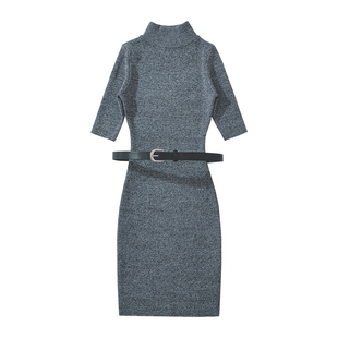 YoungGirlDay纯欲风御姐紧身小高领短袖针织包臀连衣裙短裙含腰带