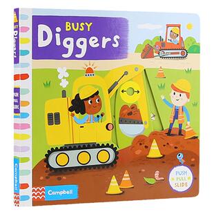 忙碌的挖掘机 英文原版 Busy Diggers 繁忙的挖掘机 低幼认知启蒙绘本 操作机关书 游戏书 0-6岁 搭忙碌的汽车 丛林 野生动物园