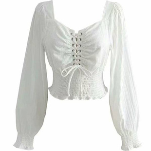 法式复古宫廷风超仙方领泡泡袖短款衬衫小心机胸前绑带长袖上衣女