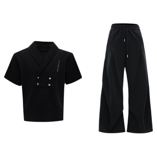 ArguE CulturE小众V领垫肩短袖男金属点缀运动套装立体压褶卫裤