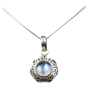 尼泊尔手工真银饰品月光石吊坠项链女西藏族式夏天个性气质百搭款