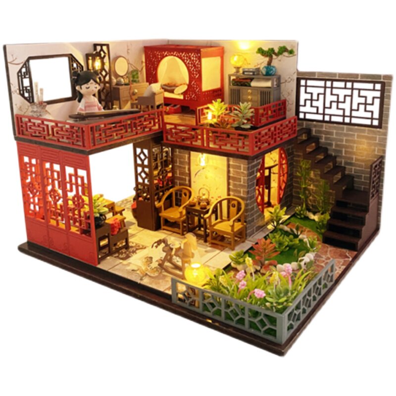 美代国潮古风系列diy小屋手工制作拼装建筑模型木制玩具立体拼图