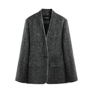 COCOBELLA高智感撞色镶边毛边西装女26春无领休闲西服外套SI3033