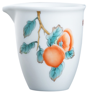 妙莲天香非遗传承人庄晓明《柿柿如意》公道杯羊脂玉瓷茶海分茶器