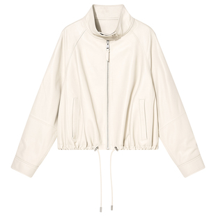 COVERINS绵羊皮短外套夹克女立领抽绳皮衣2025秋新款CC35309050