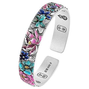 银千造 十二花神足银999实心开口珐琅彩银手镯女纯银镯子生日礼物