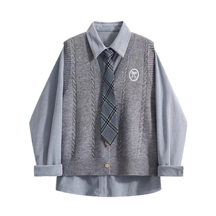 专柜学院风坎肩针织马甲女士秋冬叠穿长袖翻领衬衫带领带两件套装