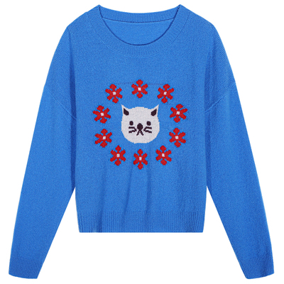 今屿花花早秋蓝色毛线衣女