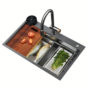 悍高厨房手工水槽黑钛纳米304不锈钢飘雨瀑布单槽台上台下盆套装