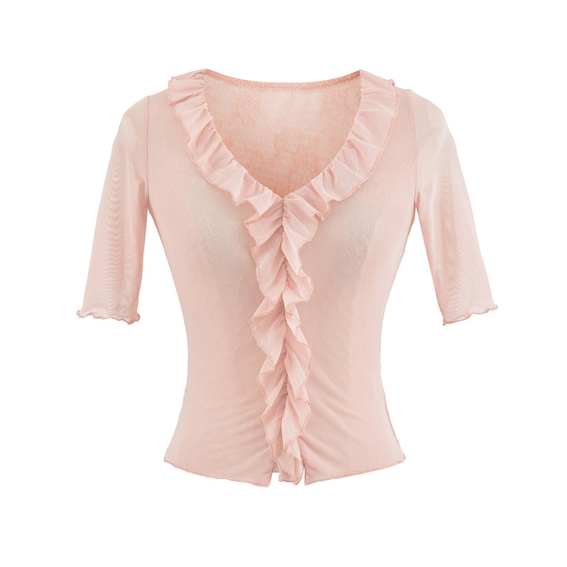 KEYANKETIAN 26-50 荷叶边V领五分袖网纱上衣女修身显瘦短款 tee