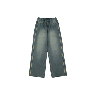 BODYDREAM猫须牛仔裤男大阔腿裤宽松直筒裤喷码做旧裤子/裤身毛边