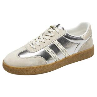 意尔康女鞋春秋皮鞋德训鞋银色平底单鞋女款英伦休闲百搭复古板鞋