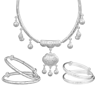 宝宝银项圈银手镯长命锁纯银9999银锁婴儿银饰五件套满月周岁礼物