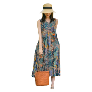 棉绸连衣裙2025夏季新款无袖海边度假休闲a字人造棉时尚外穿长裙