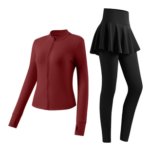 361跑步女运动套装冬季保暖训练上衣后腰口袋裙裤健身长裤晨跑服