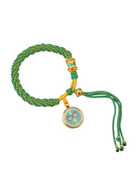 YUSTUDIO西藏手绘黄铜唐卡绿财神手链转经轮本命年转运手绳饰品