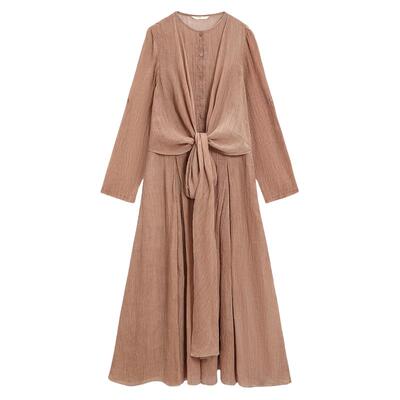 EXCEPTION例外女装苎麻混纺连衣裙系带收腰显瘦气质简约A字长裙女