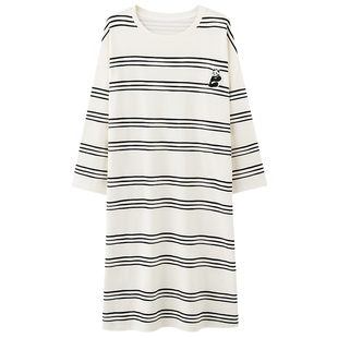 芬腾可安睡裙女款春秋季纯棉长袖女带胸垫2026新款条纹睡衣女冬天