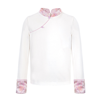 Little Naive儿童中式t恤春秋新款提花长袖上衣女童立领打底衫