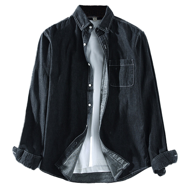 夏季长袖牛仔衬衫男薄款宽松纯棉水洗软牛仔衬衣男士休闲上衣外套