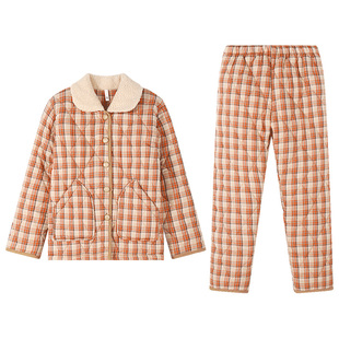 秋鹿三层加厚夹棉睡衣女秋冬季新款格子保暖棉袄家居服套装可外穿