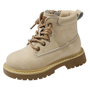 百丽童鞋女童马丁靴加绒大黄靴冬季新款加绒短靴子男童工装靴宝宝