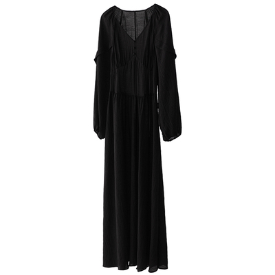 CR大摆型纯色系带连衣裙小黑裙