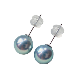 镜面光银灰蓝日本akoya海水珍珠耳钉18K金正圆极光真多麻简约