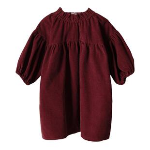 棉安可拉红色连衣裙节日女童装灯芯绒长袖立领秋冬装A字裙子