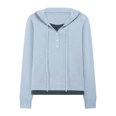 北欧时刻浅蓝色连帽针织衫女春秋新款撞色拼接假两件套头毛衣薄款