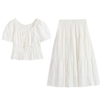 紫涵粉格方领短袖小衫松紧腰a字蛋糕裙两件套装女2026年夏季新款