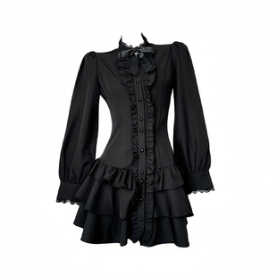 LIULIUGE 设计感黑色哥特复古秋气质收腰蕾丝蛋糕裙花边连衣短裙