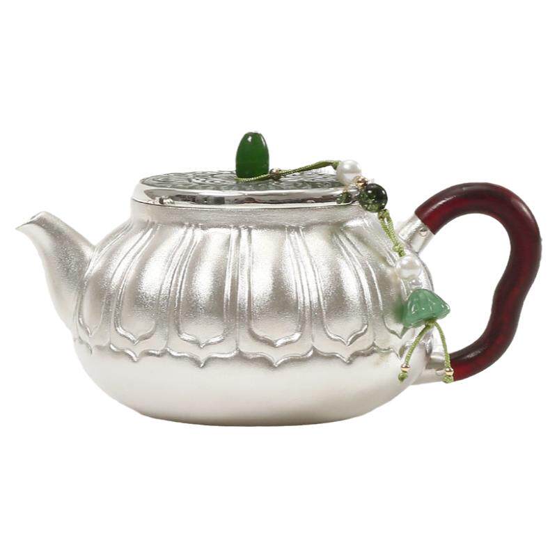 茶壶纯银999国风玉石壶盖泡茶壶