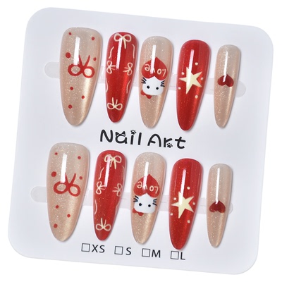 红色穿戴甲长款猫眼蝴蝶结圣诞穿戴美甲2025新款高级感指甲贴片