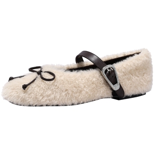 BellaLily2025冬季新款蝴蝶结羊毛玛丽珍单鞋女小香风加绒平底鞋