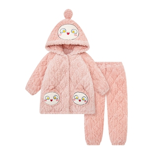 女童珊瑚绒家居服套装三层加厚冬季夹棉可爱保暖可外穿睡衣两件套