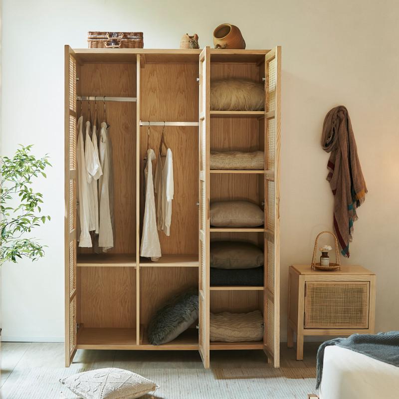 实木衣柜北欧白蜡木移门储物柜后现代卧室推拉门印尼藤编大衣橱