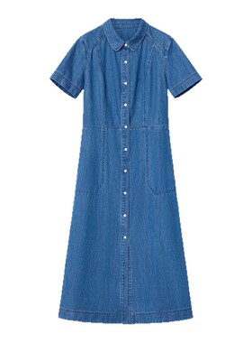 BLUE ERDOS 夏季新品时尚通勤翻领短袖牛仔连衣裙