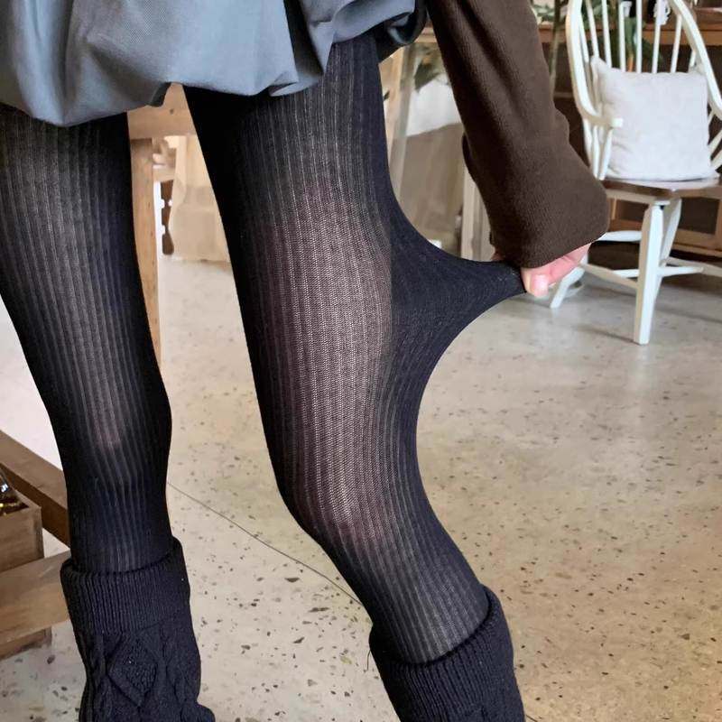 黑色性感微透连裤袜女春秋韩系坑条显瘦打底袜直角跟竖条纹打底裤