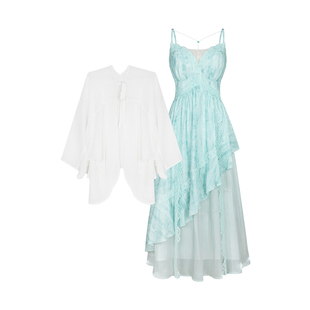 安妮不火纸舟渡松烟蕾丝花边扎染吊带裙女夏季新款微胖大码国风裙