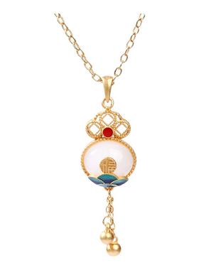 新中式古法镀金和田玉景泰蓝国潮钱币祥云福字流苏吊坠项链女挂坠