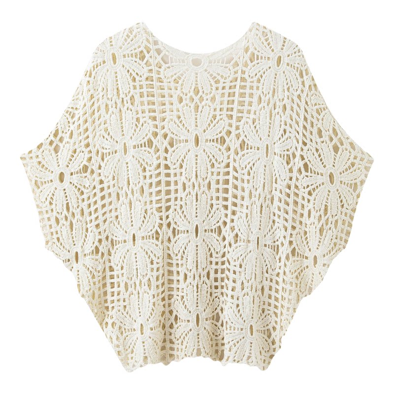 Plus Size Crochet Blouse欧美大码度假风镂空钩花宽松蝙蝠袖罩衫