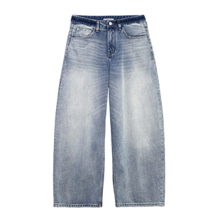 美式潮牌水洗蓝渐变磨白牛仔裤男早春时尚新款简约百搭拖地直筒裤