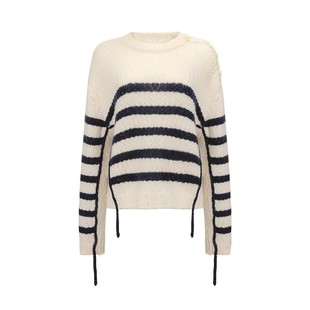 【惊喜6折 】羊毛蓝白条纹宽松毛衣海魂风宽松型圆领内搭毛针织衫