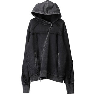 小众废土风斜拉链卫衣男春季散口拼接解构做旧脏洗机能连帽外套潮