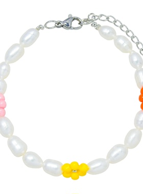 AWE彩色小花淡水珍珠串珠手链女