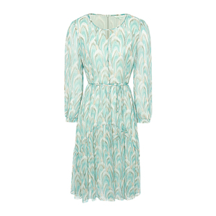 JESSIE印花V领连衣裙女春装新款中长款雪纺裙女度假风系带收腰款