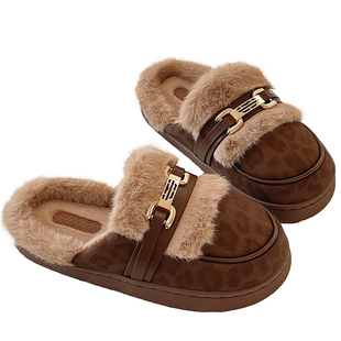时尚PU皮棉拖鞋女秋冬季新款居家室内平底拖鞋冬保暖防滑外穿休闲